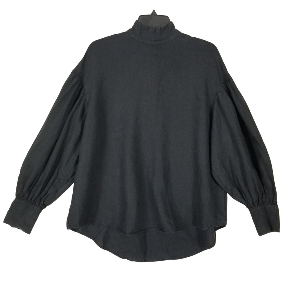 Zara Woman Black Linen Blend Puff Sleeve Mock Neck Ring Buckle Blouse Small